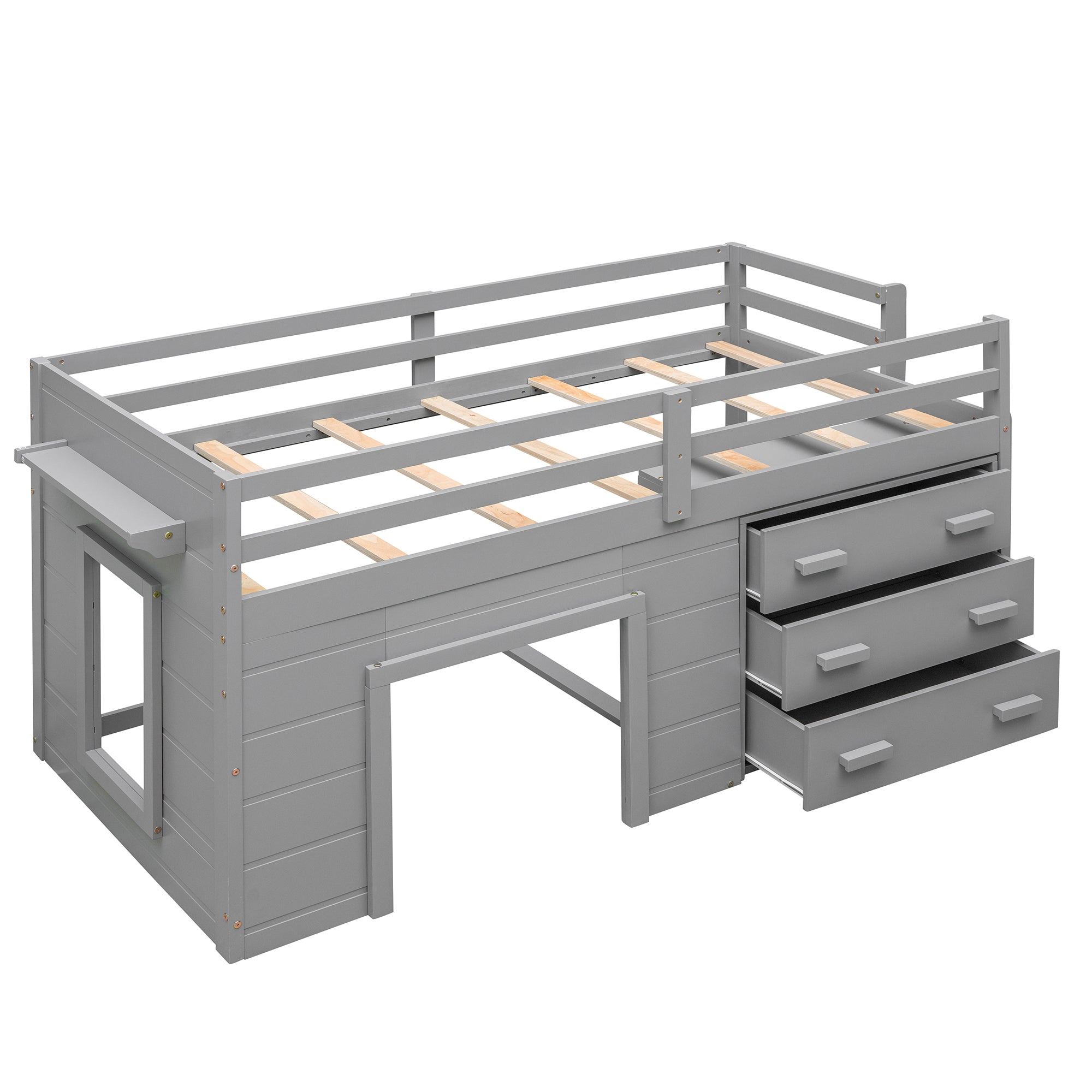 Twin Loft Bed with Storage Drawers, Shelf, and Cabinet – Gray