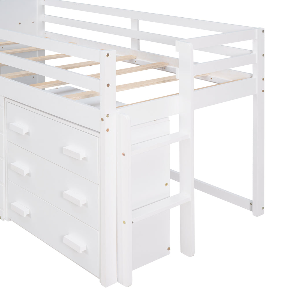 Twin Loft Bed with Storage Drawers and Built-in Ladder – White
