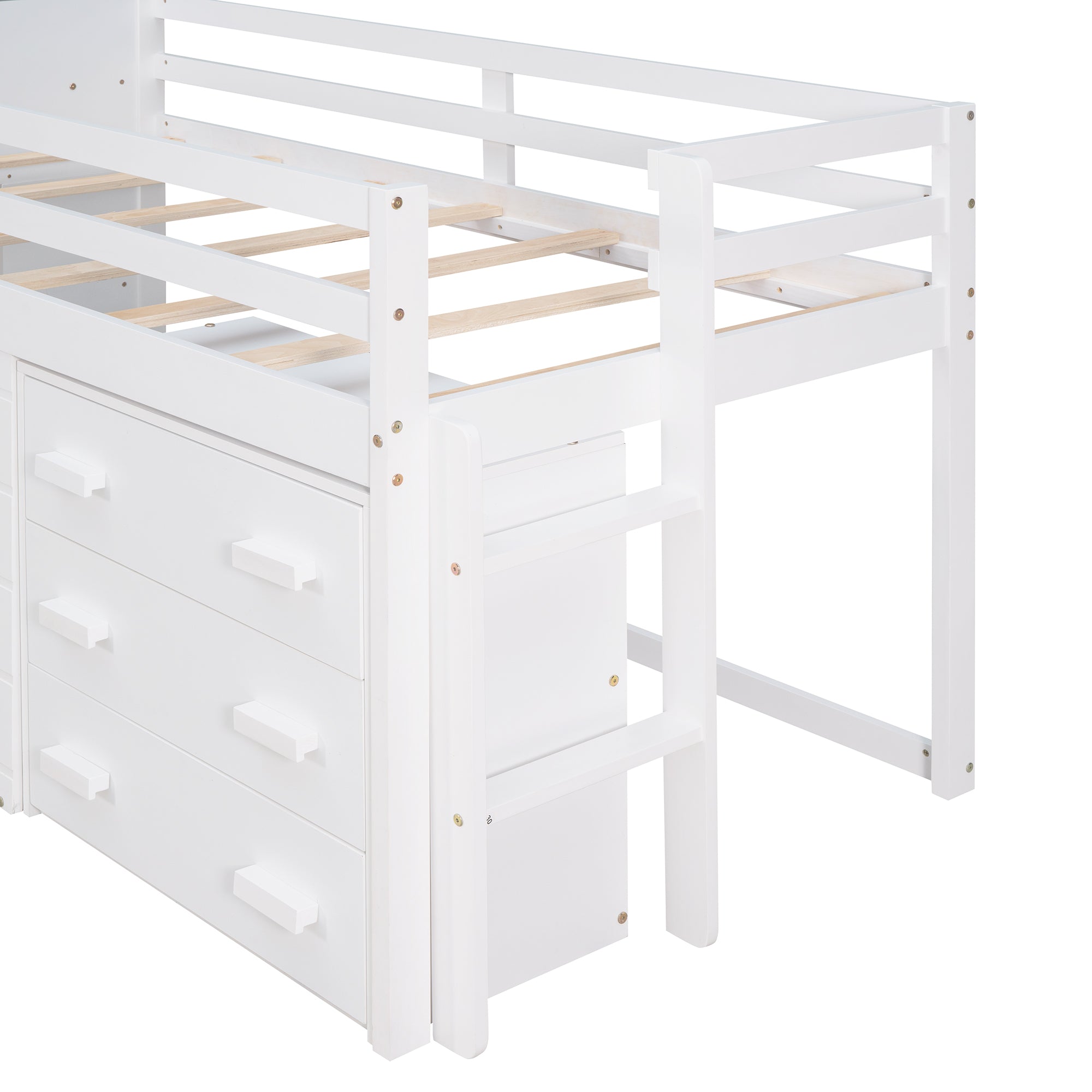 Twin Loft Bed with Storage Drawers and Built-in Ladder – White