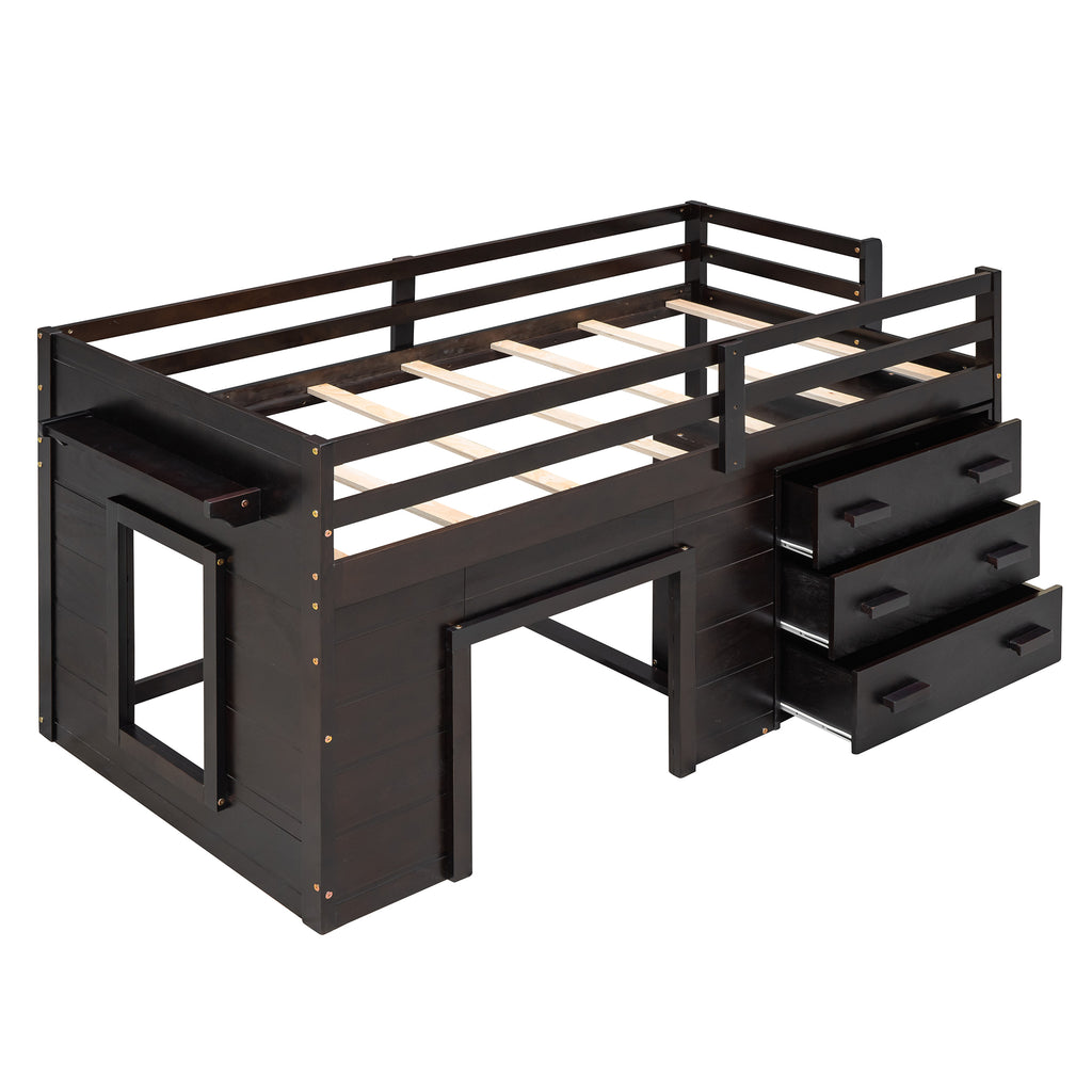 Twin Loft Bed with Storage Drawers and Built-in Ladder – Espresso Finish