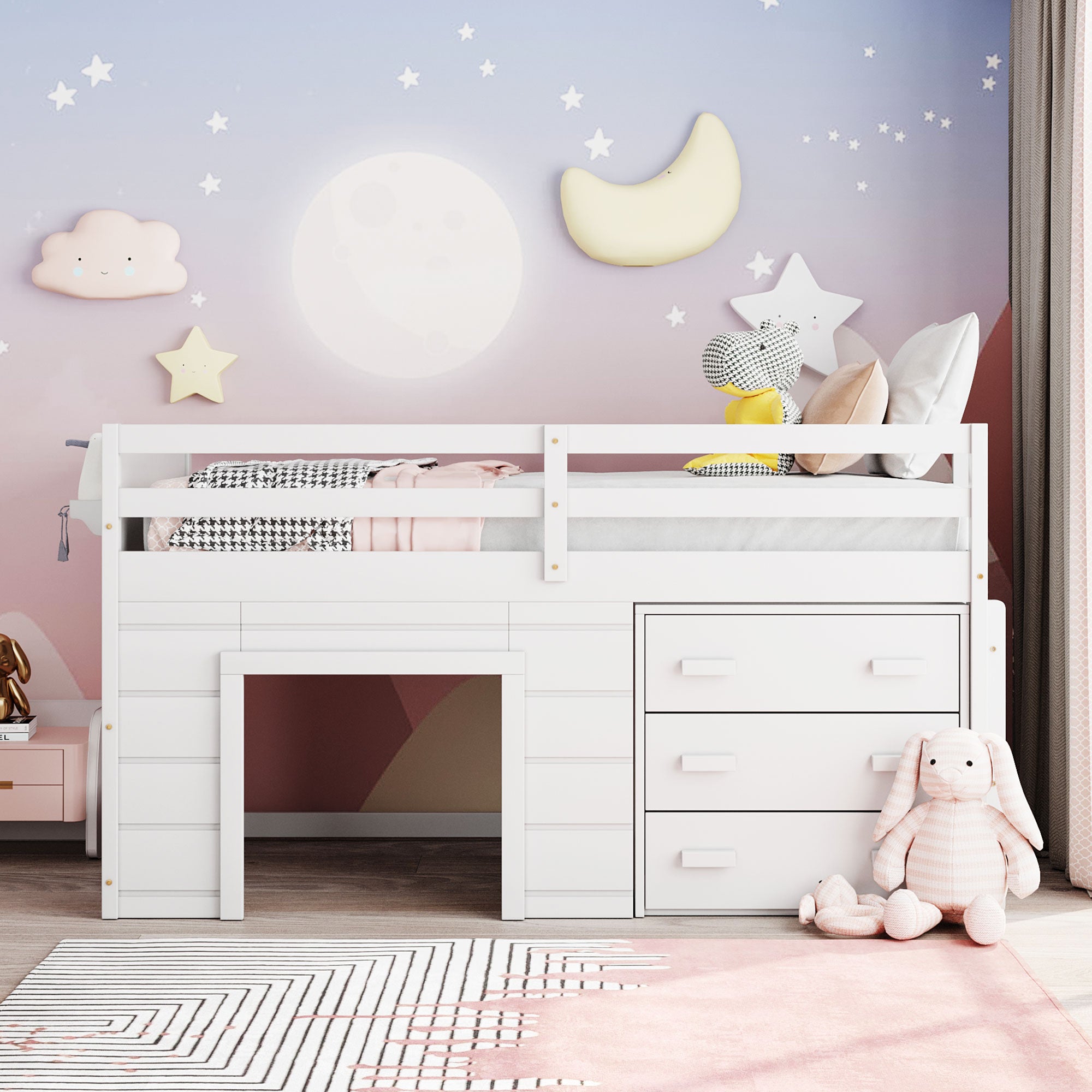 Twin Loft Bed with Storage Drawers and Built-in Ladder – White