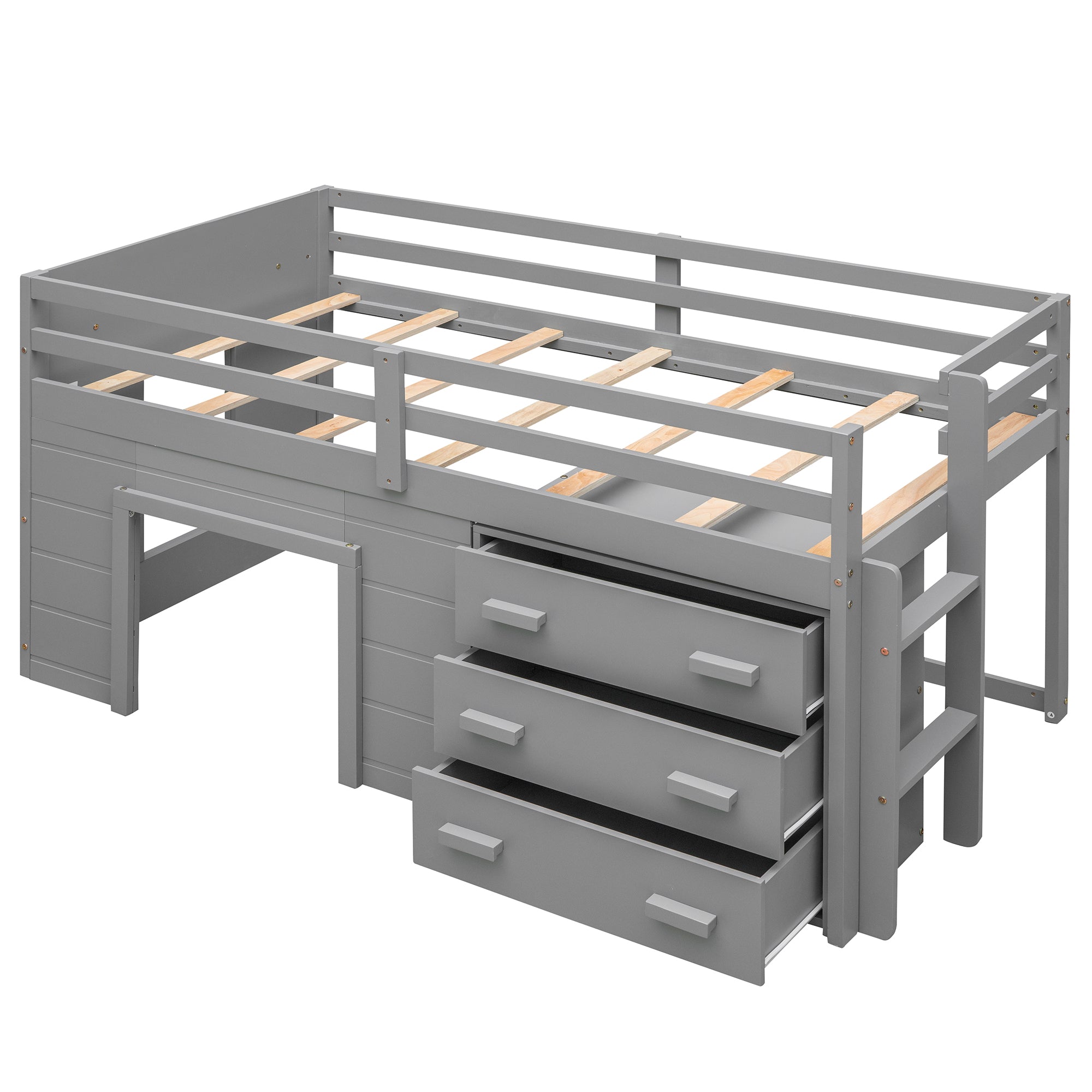 Twin Loft Bed with Storage Drawers, Shelf, and Cabinet – Gray