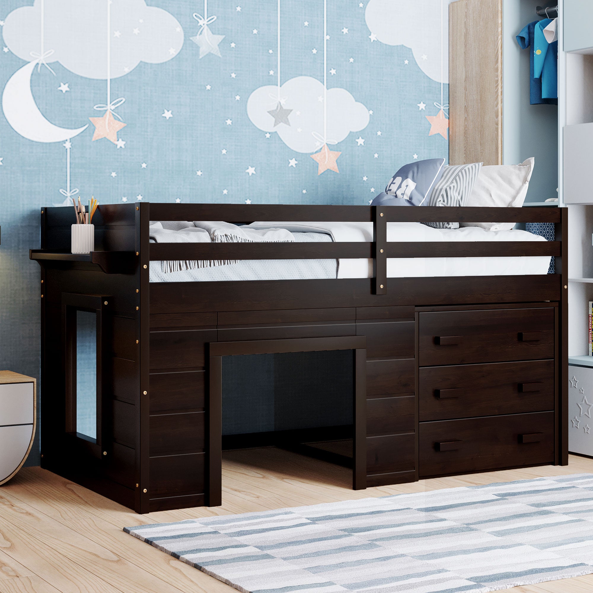 Twin Loft Bed with Storage Drawers and Built-in Ladder – Espresso Finish Main image