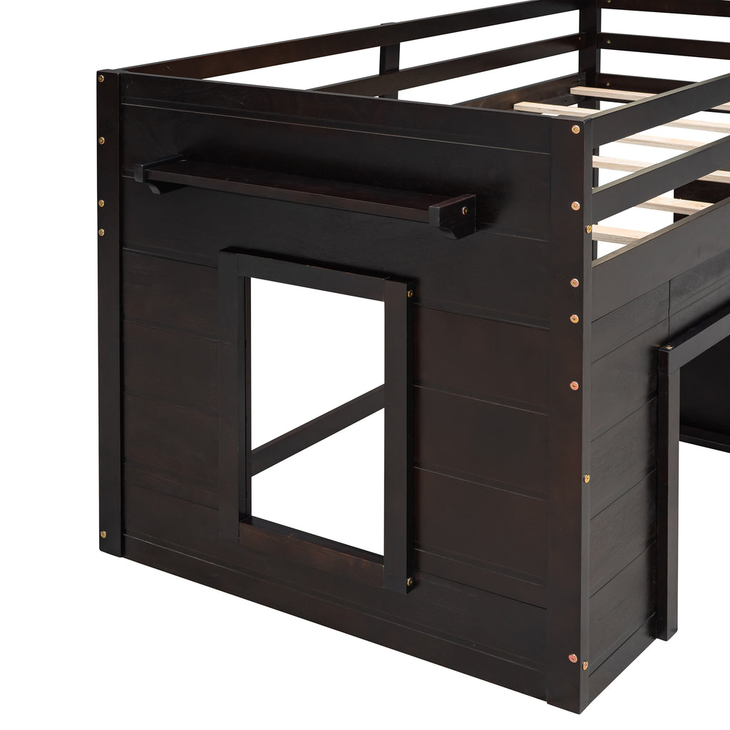 Twin Loft Bed with Storage Drawers and Built-in Ladder – Espresso Finish