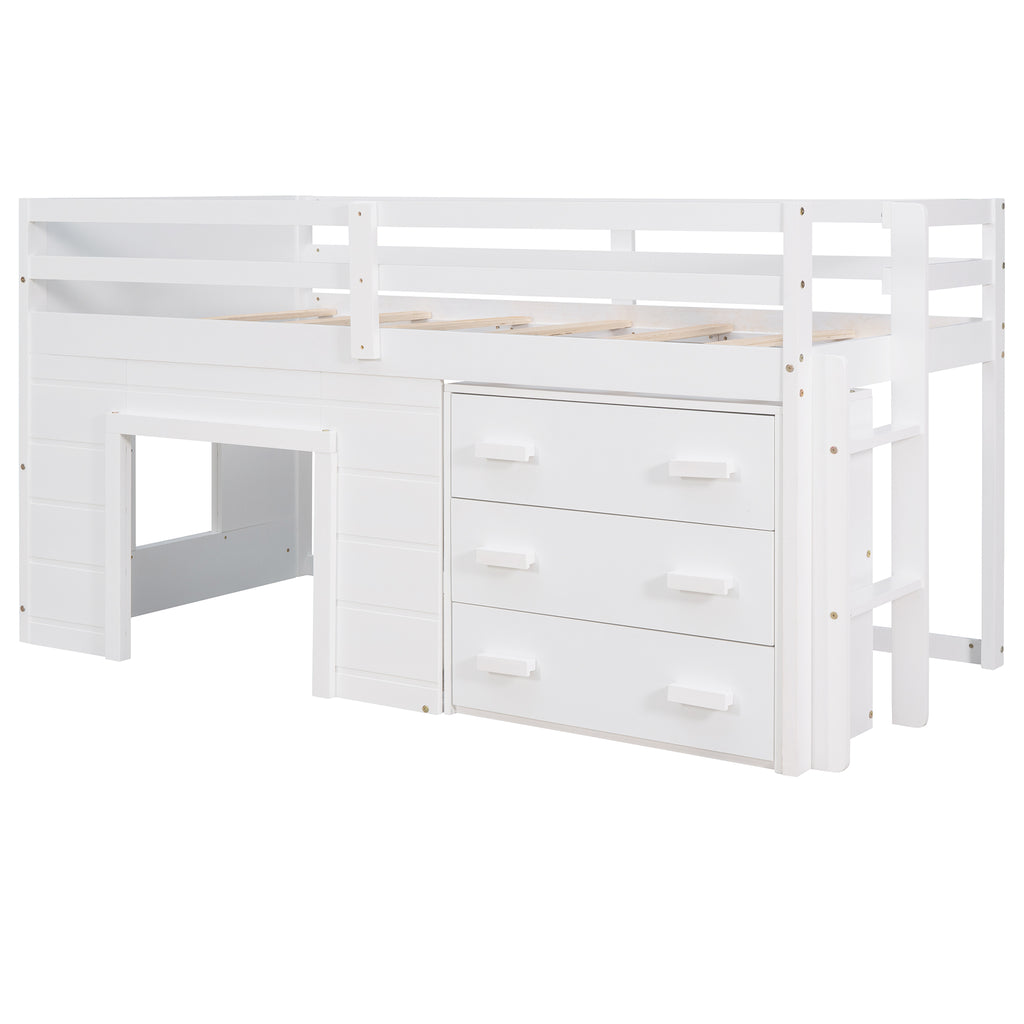 Twin Loft Bed with Storage Drawers and Built-in Ladder – White