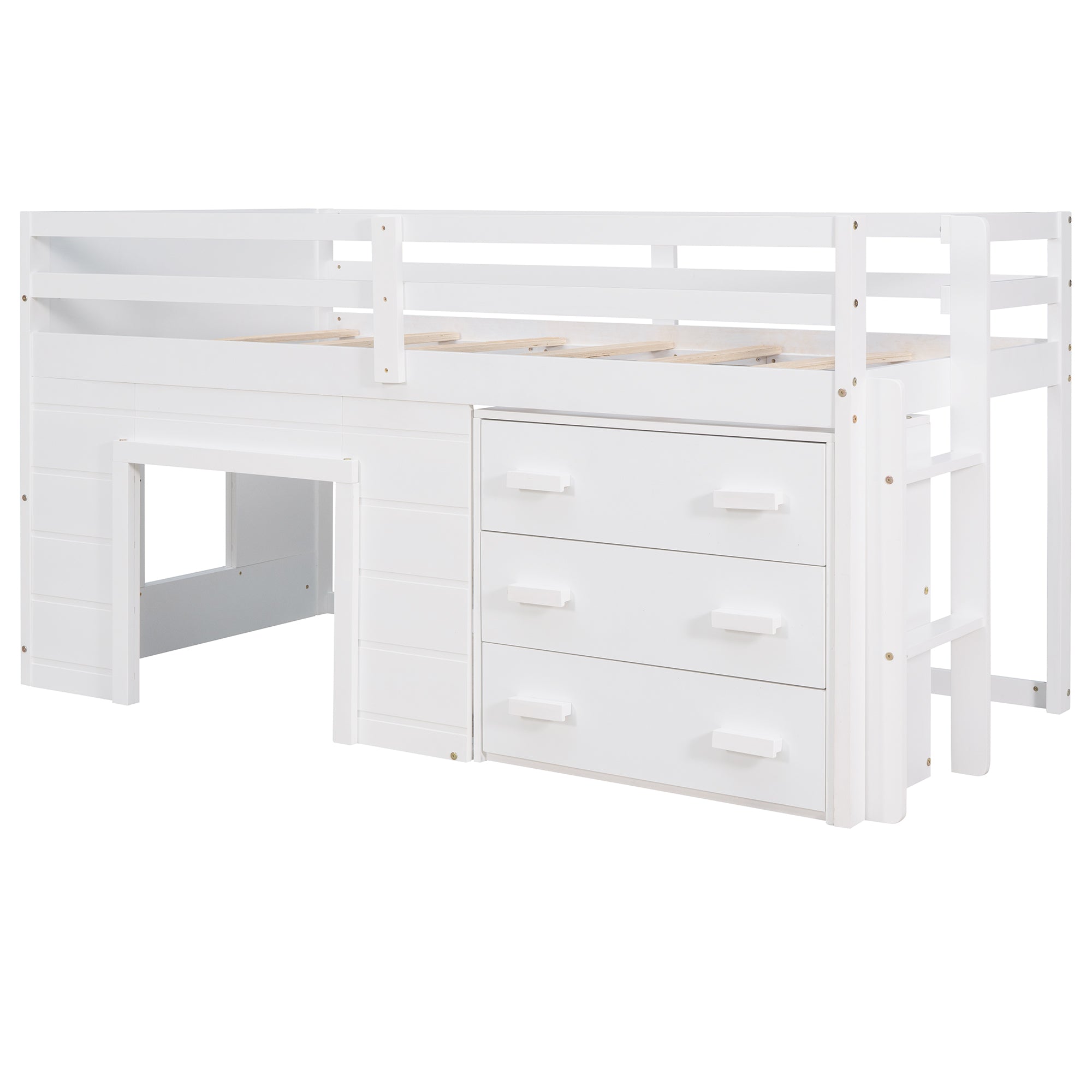 Twin Loft Bed with Storage Drawers and Built-in Ladder – White