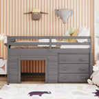 Twin Loft Bed with Storage Drawers, Shelf, and Cabinet – Gray