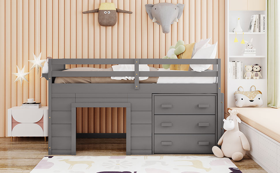 Twin Loft Bed with Storage Drawers, Shelf, and Cabinet – Gray