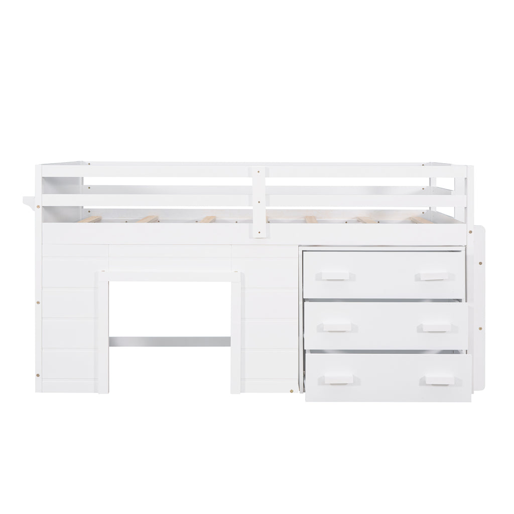 Twin Loft Bed with Storage Drawers and Built-in Ladder – White