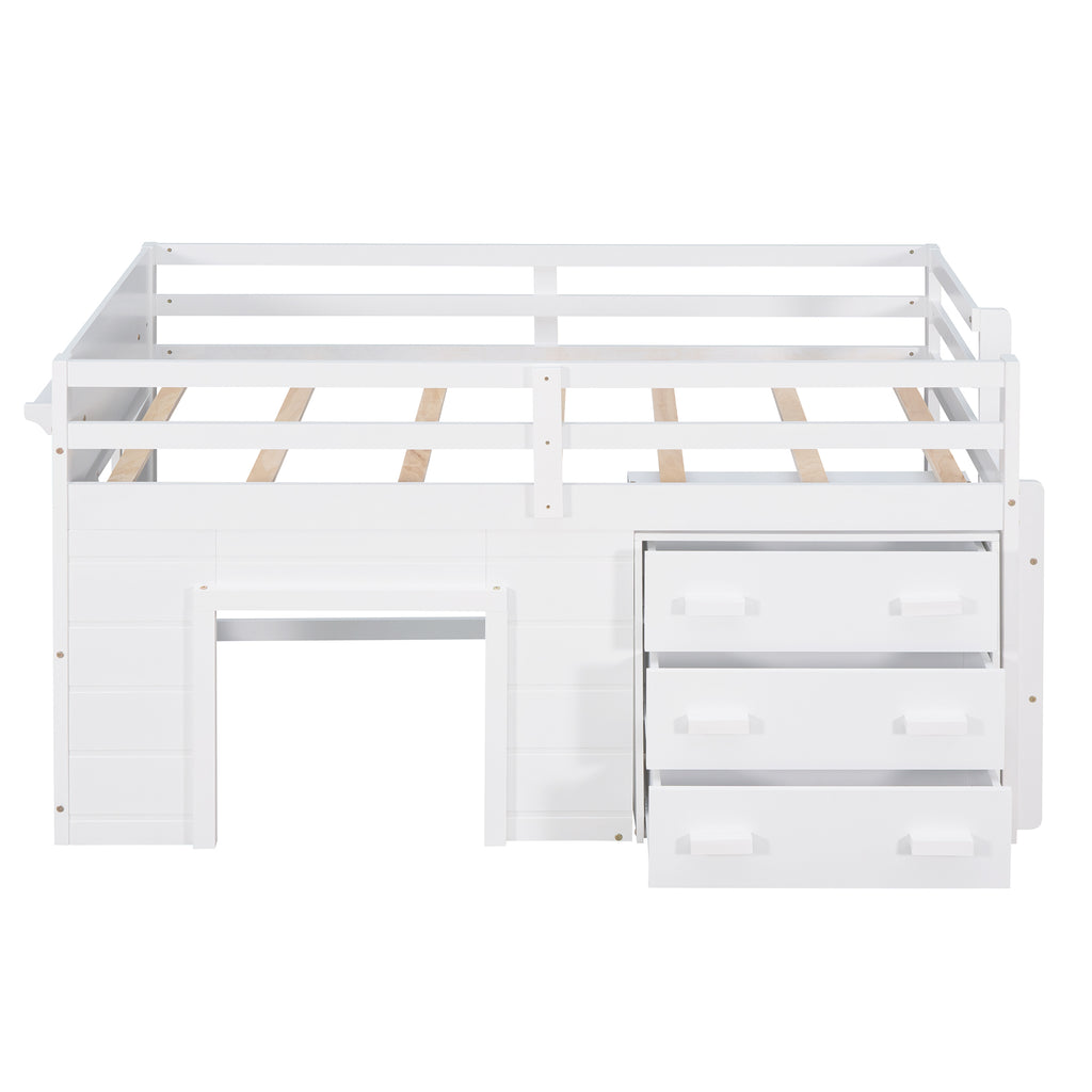 Twin Loft Bed with Storage Drawers and Built-in Ladder – White