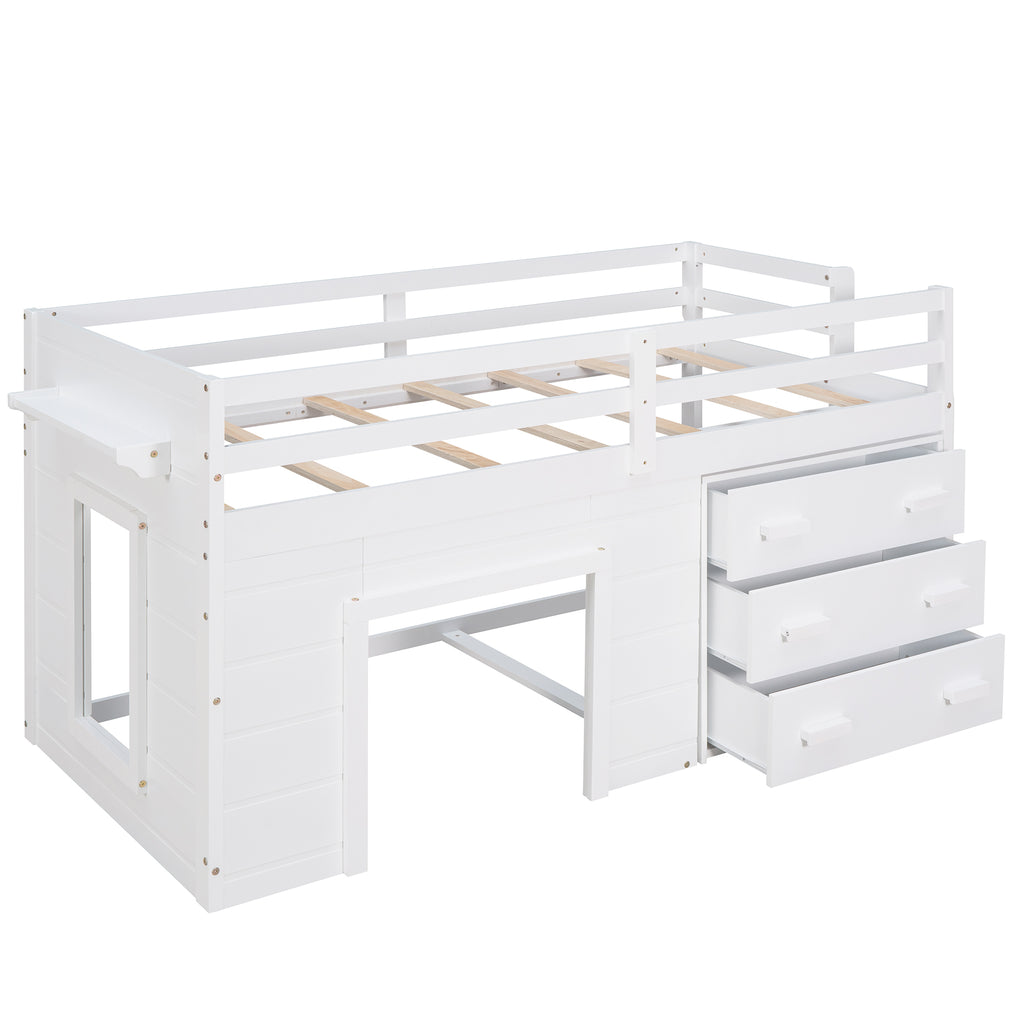 Twin Loft Bed with Storage Drawers and Built-in Ladder – White