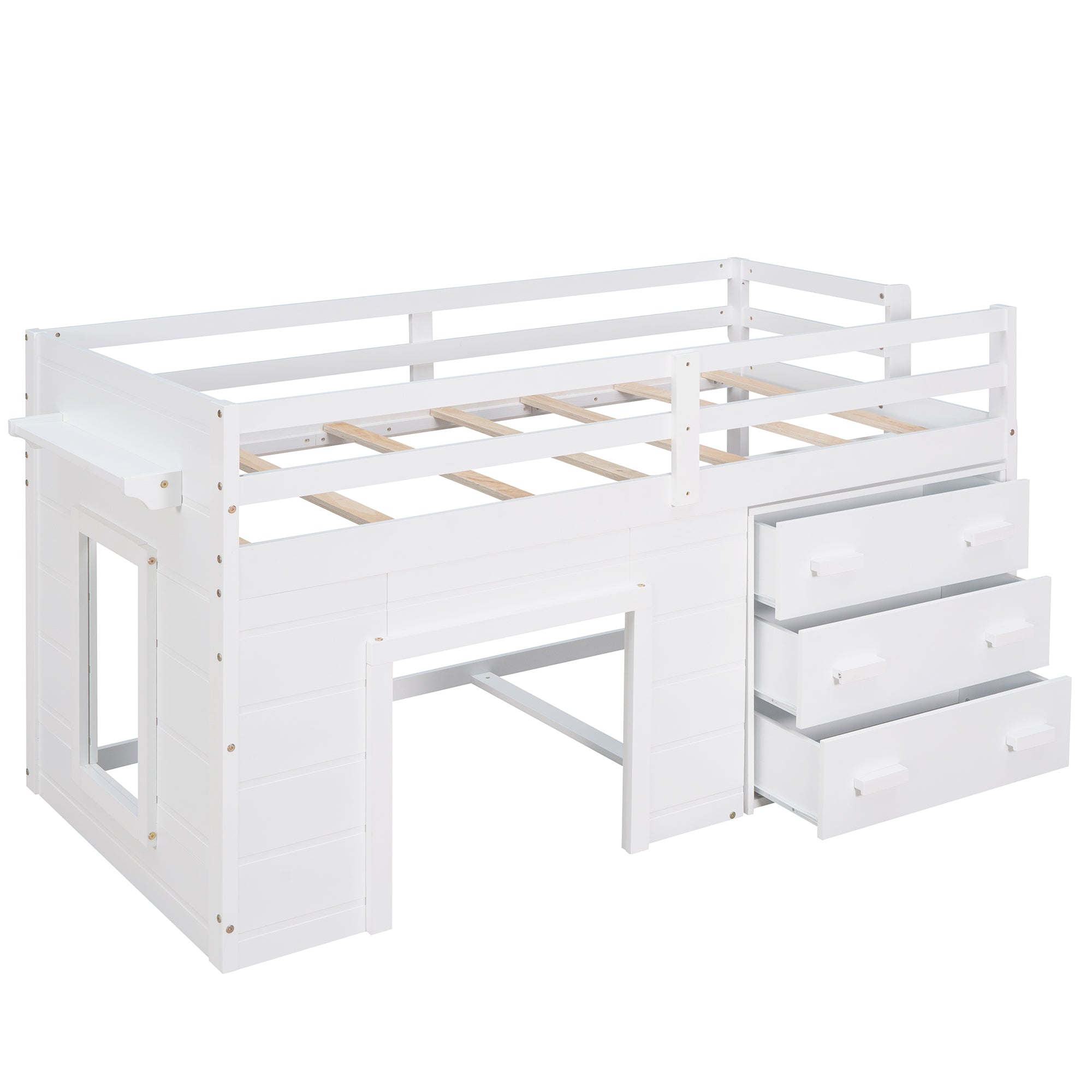 Twin Loft Bed with Storage Drawers and Built-in Ladder – White