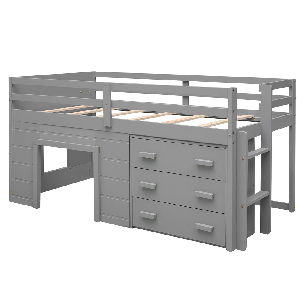 Twin Loft Bed with Storage Drawers, Shelf, and Cabinet – Gray