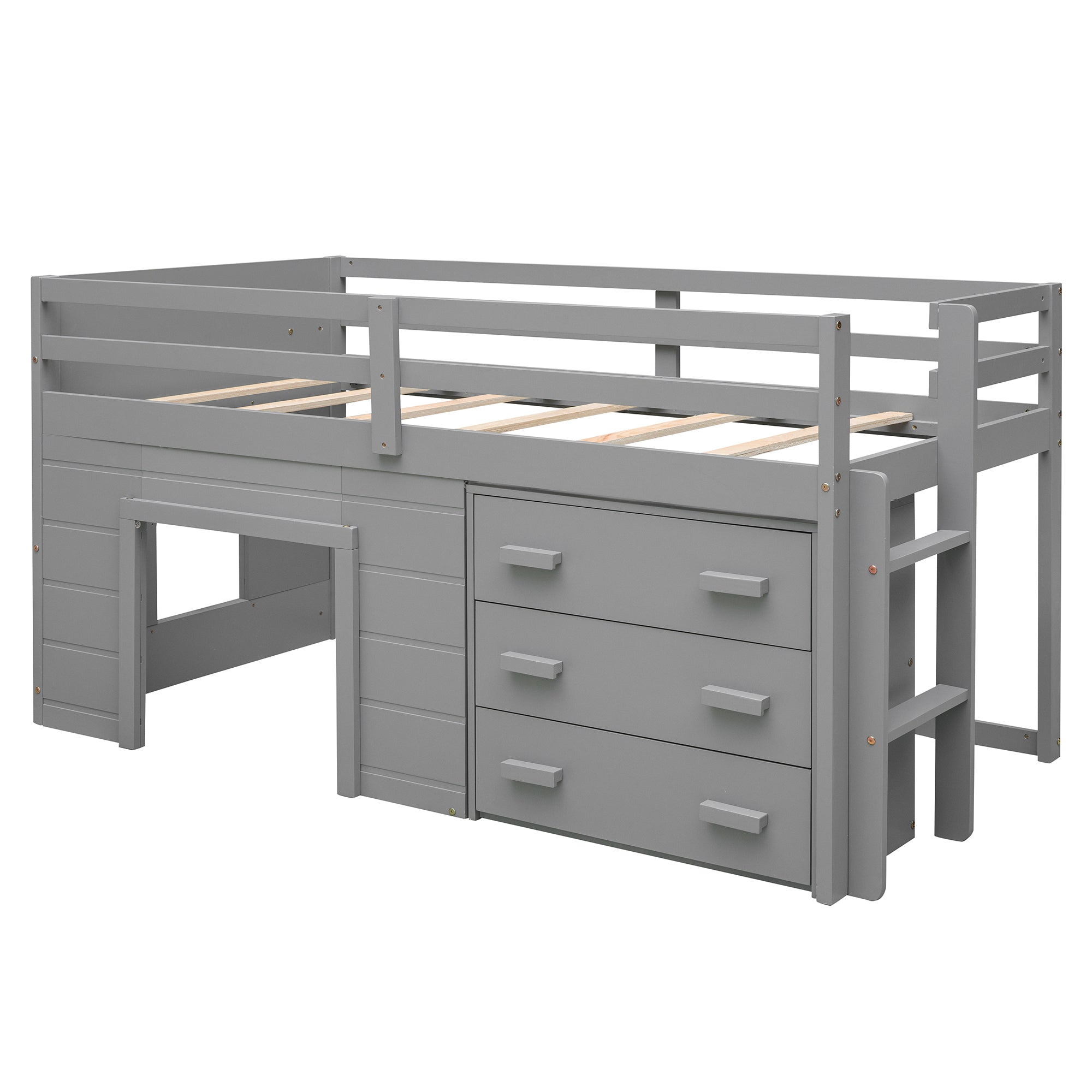 Twin Loft Bed with Storage Drawers, Shelf, and Cabinet – Gray