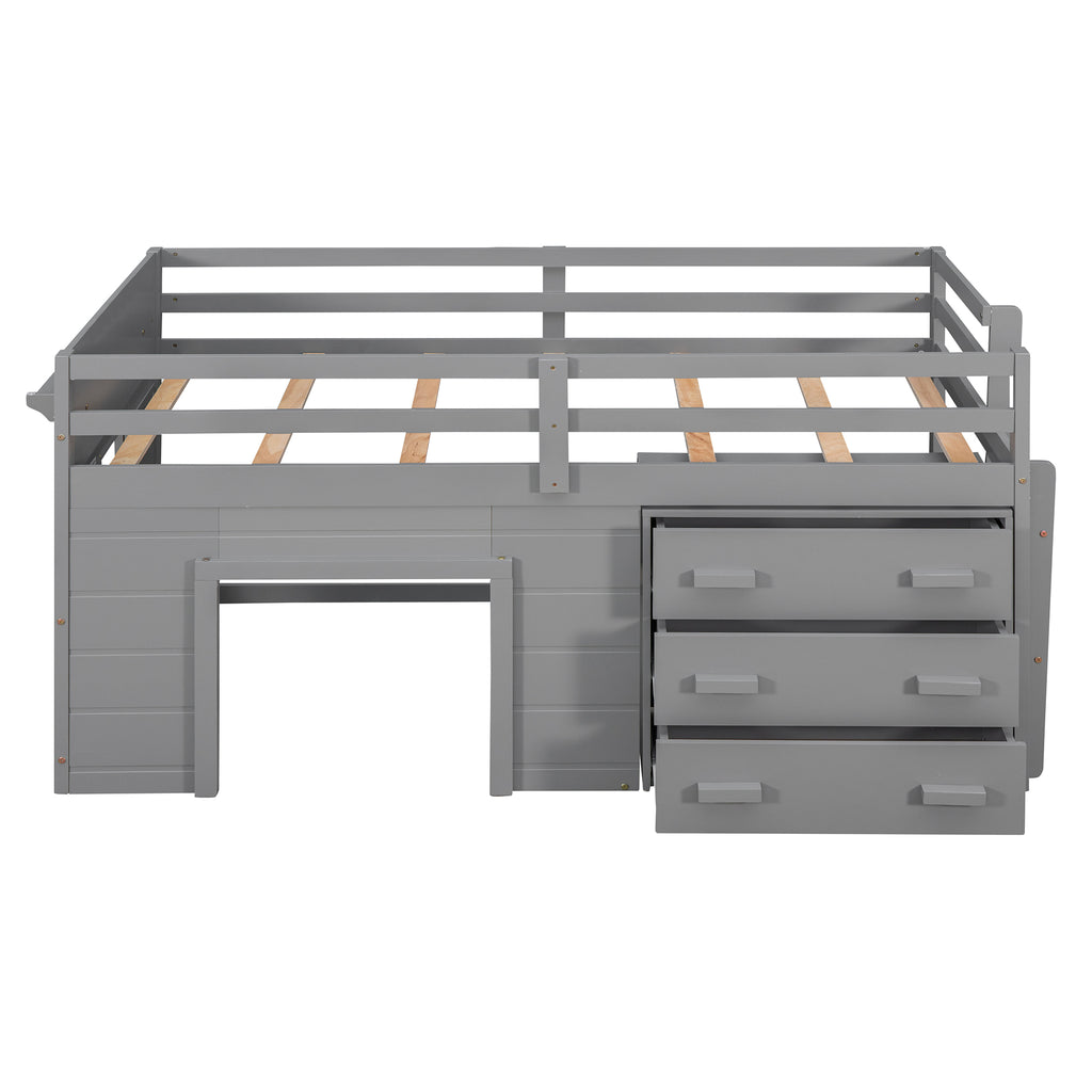 Twin Loft Bed with Storage Drawers, Shelf, and Cabinet – Gray