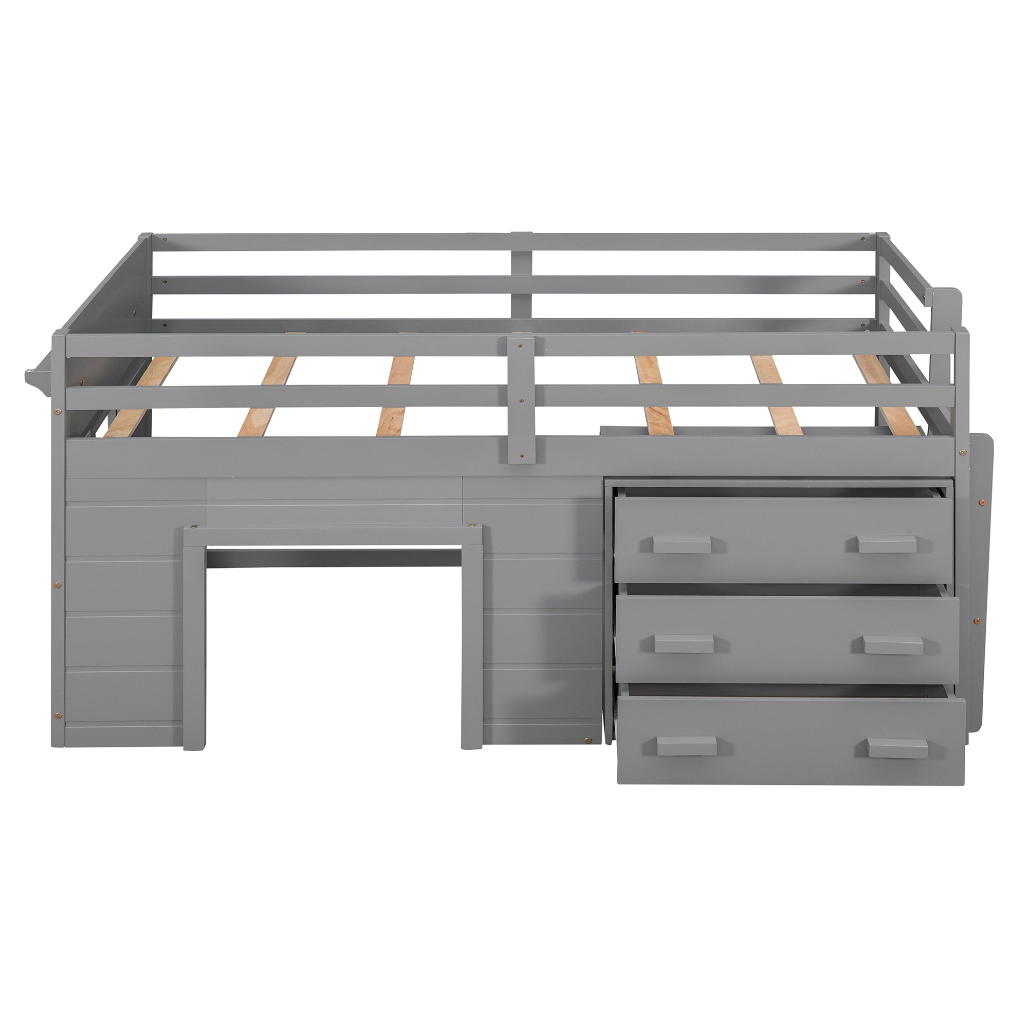 Twin Loft Bed with Storage Drawers, Shelf, and Cabinet – Gray