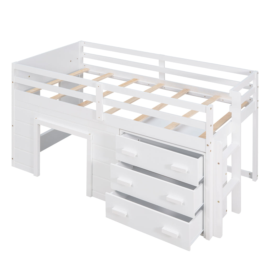 Twin Loft Bed with Storage Drawers and Built-in Ladder – White
