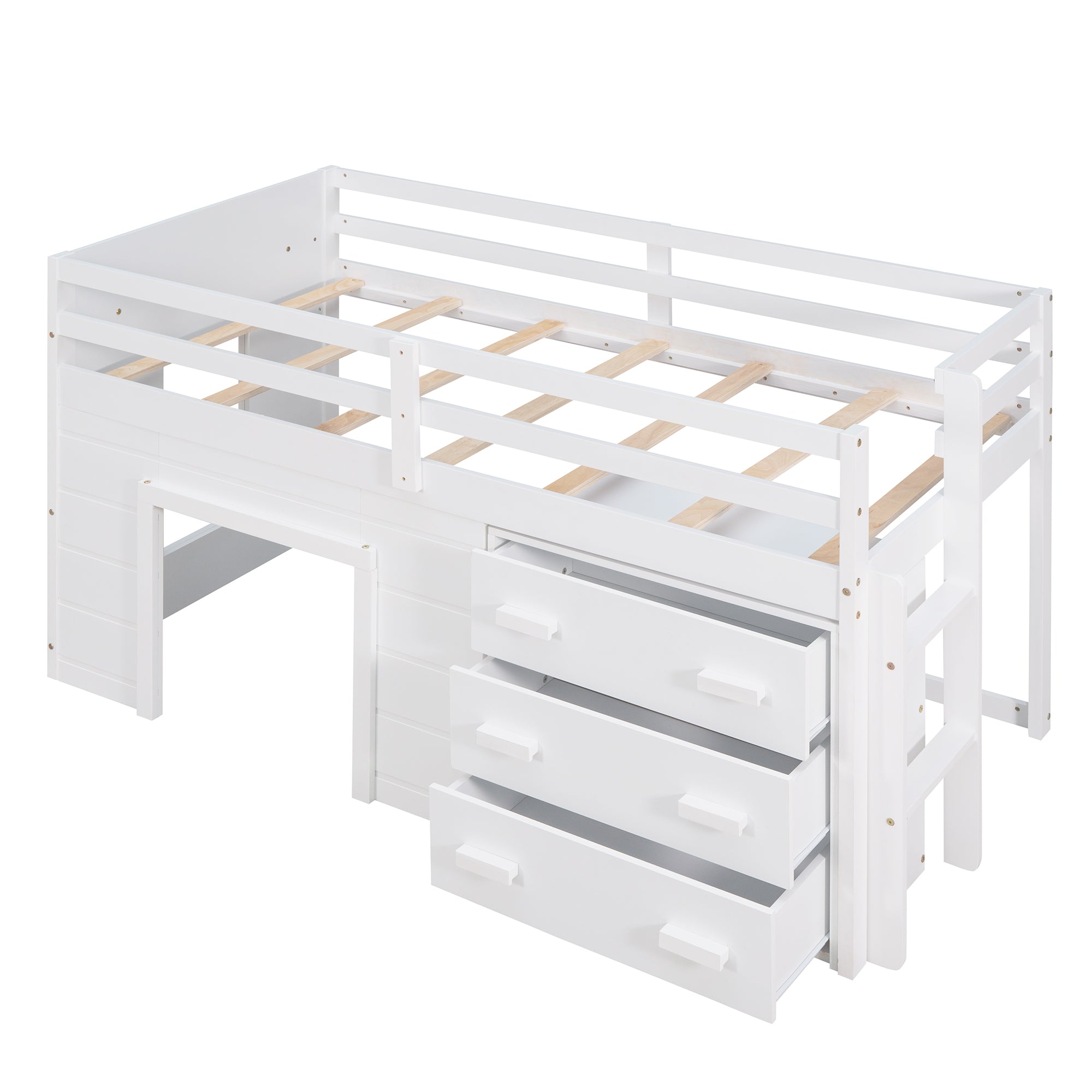 Twin Loft Bed with Storage Drawers and Built-in Ladder – White