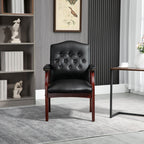 Side view showing mid-back support and mahogany-finish wood base