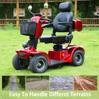Side profile of red mobility scooter showing seat, controls, and rear suspension