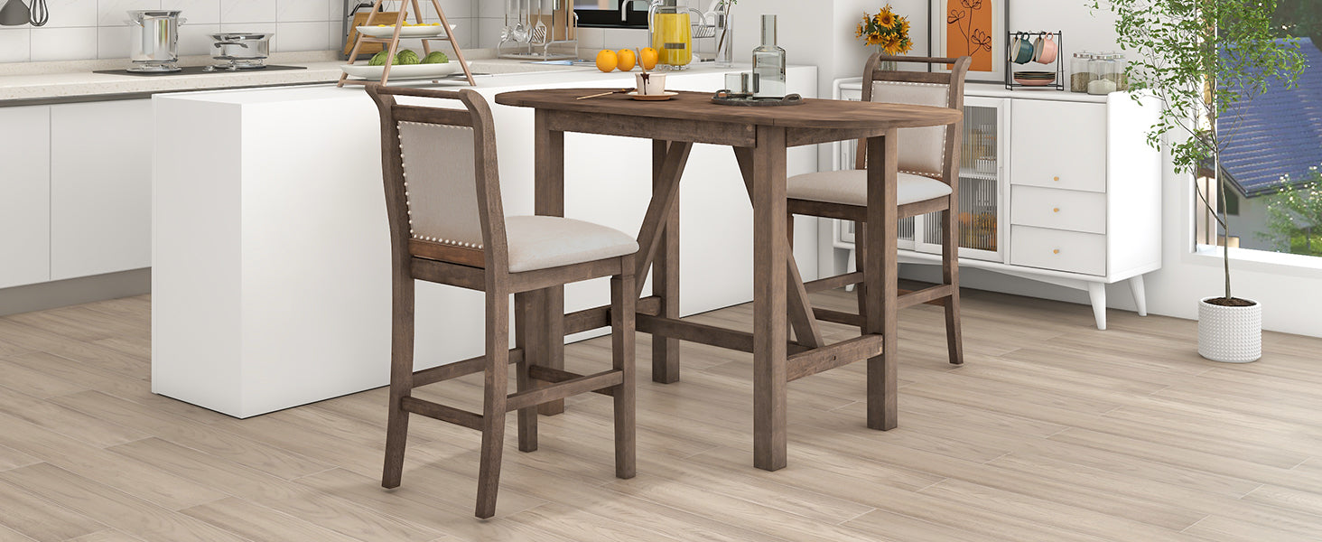3-Piece Counter Height Drop Leaf Dining Table Set with 2 Upholstered Chairs, Brown Rubberwood