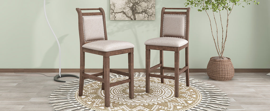 3-Piece Counter Height Drop Leaf Dining Table Set with 2 Upholstered Chairs, Brown Rubberwood