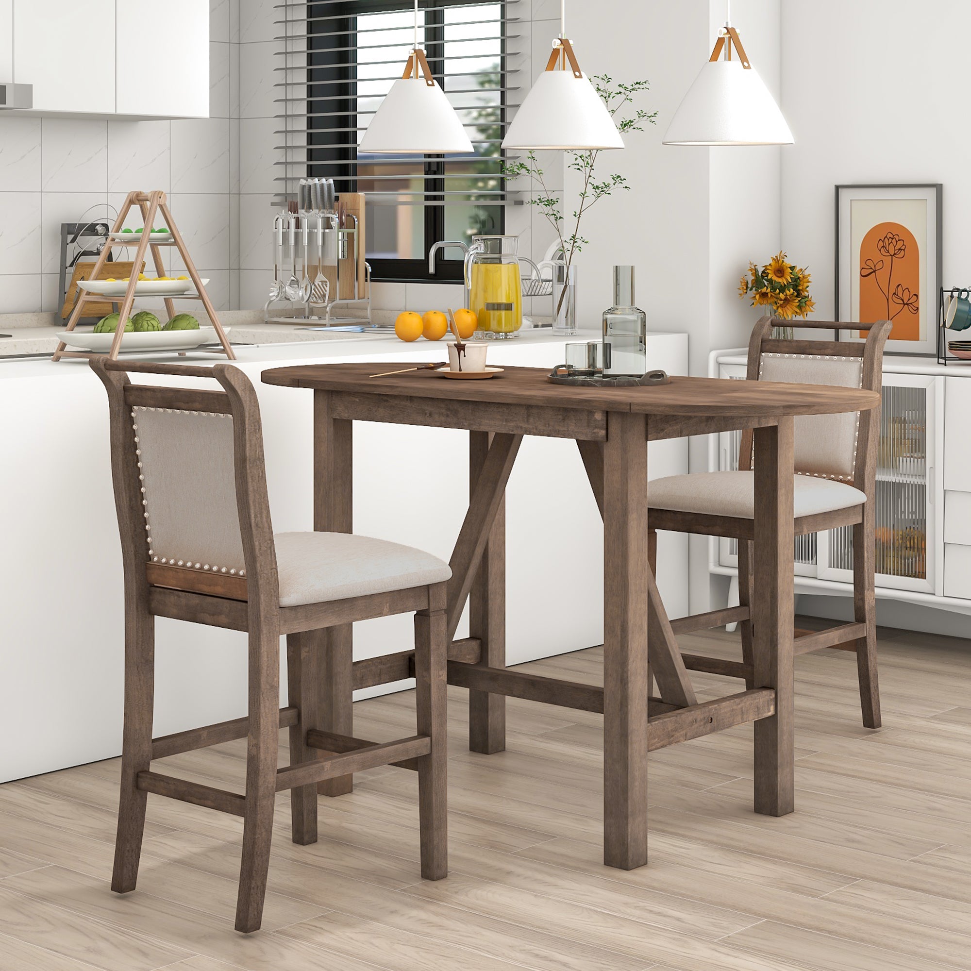 3-Piece Counter Height Drop Leaf Dining Table Set with 2 Upholstered Chairs, Brown Rubberwood