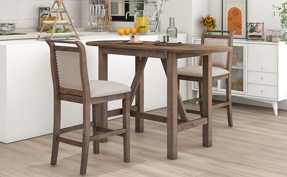 3-Piece Counter Height Drop Leaf Dining Table Set with 2 Upholstered Chairs, Brown Rubberwood