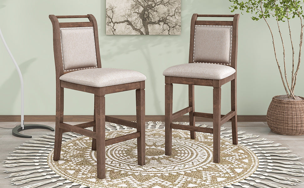 3-Piece Counter Height Drop Leaf Dining Table Set with 2 Upholstered Chairs, Brown Rubberwood