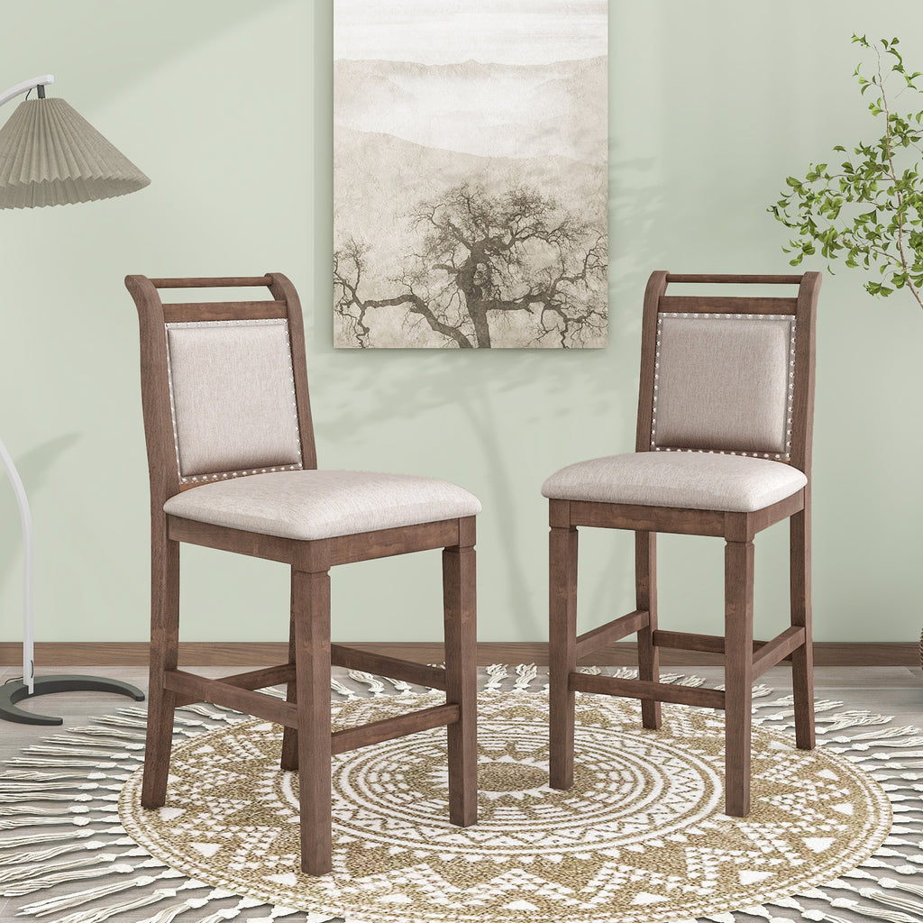 3-Piece Counter Height Drop Leaf Dining Table Set with 2 Upholstered Chairs, Brown Rubberwood