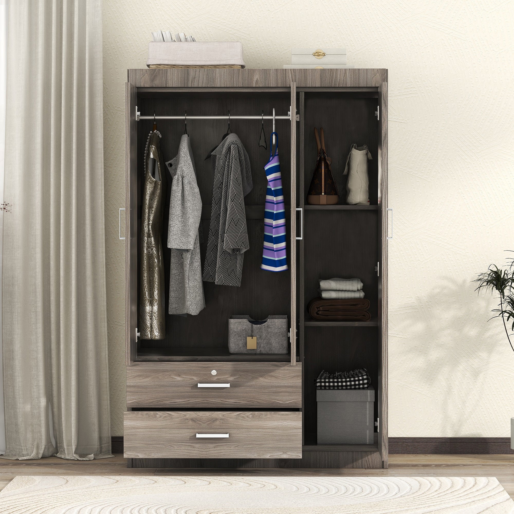 3-Door Wardrobe with 2 Drawers – Gray Wood Grain Effect, MDF Bedroom Storage Secondary image