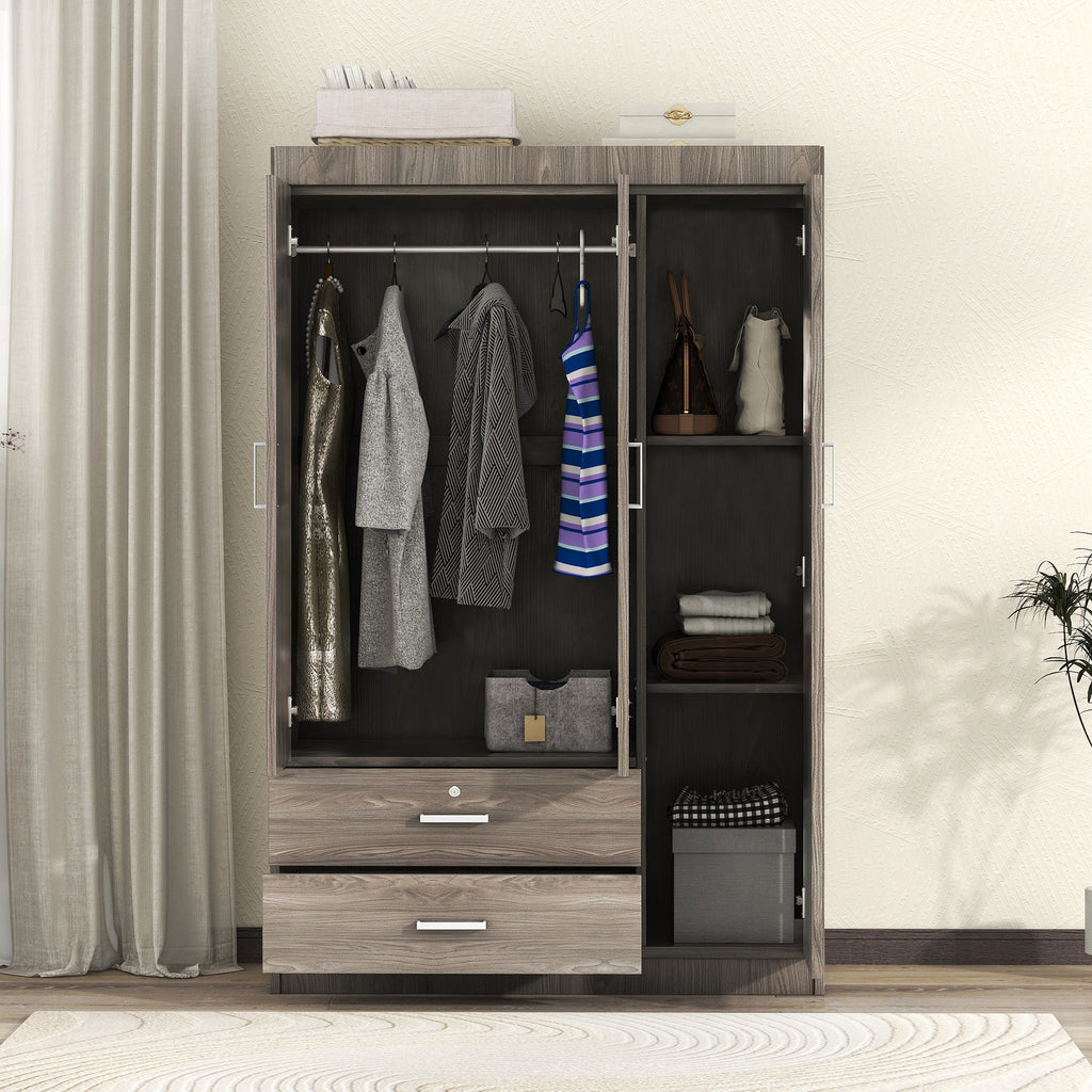 3-Door Wardrobe with 2 Drawers – Gray Wood Grain Effect, MDF Bedroom Storage