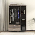 3-Door Wardrobe with 2 Drawers – Gray Wood Grain Effect, MDF Bedroom Storage