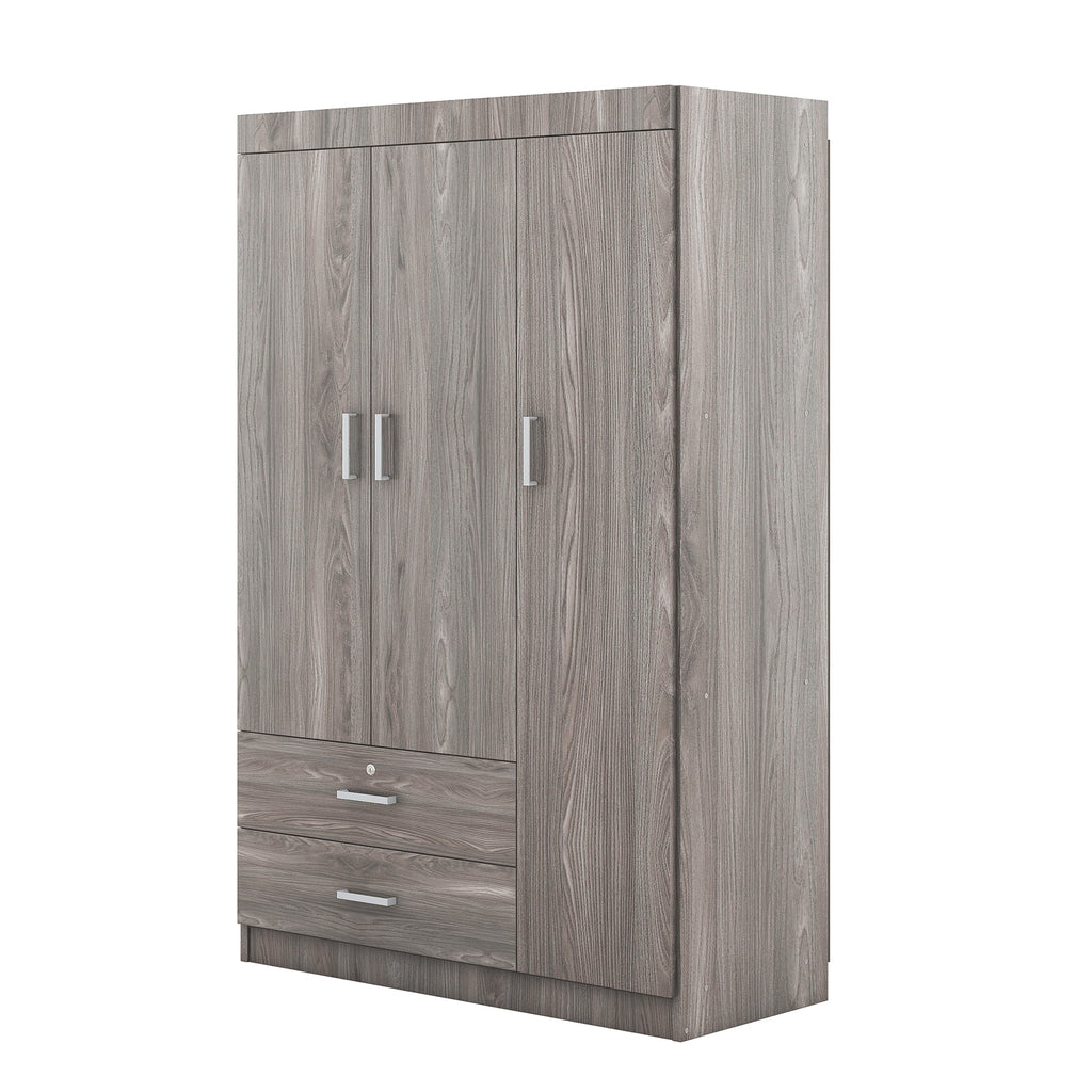 3-Door Wardrobe with 2 Drawers – Gray Wood Grain Effect, MDF Bedroom Storage