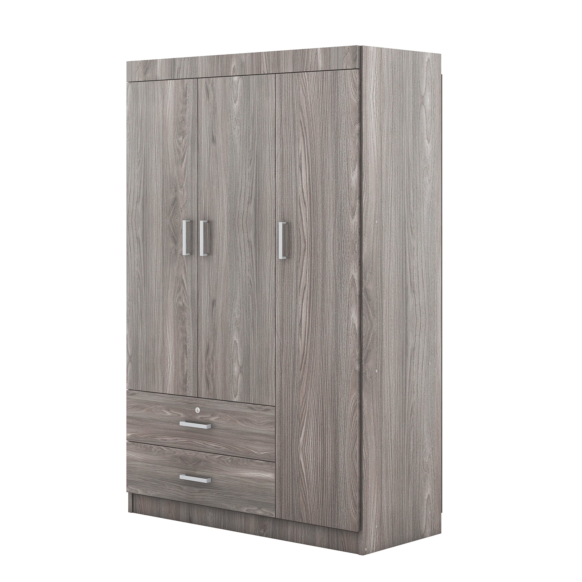 3-Door Wardrobe with 2 Drawers – Gray Wood Grain Effect, MDF Bedroom Storage