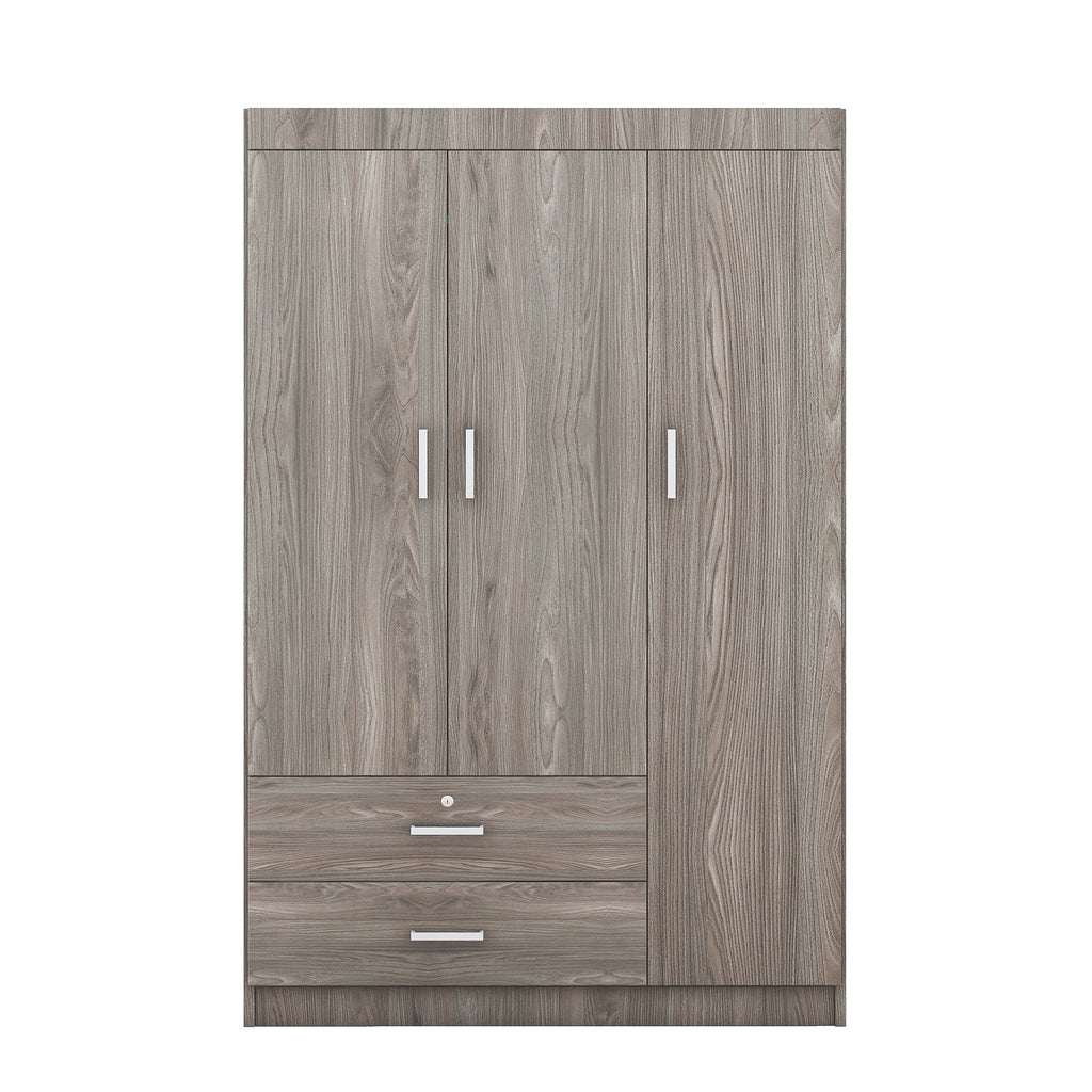 3-Door Wardrobe with 2 Drawers – Gray Wood Grain Effect, MDF Bedroom Storage