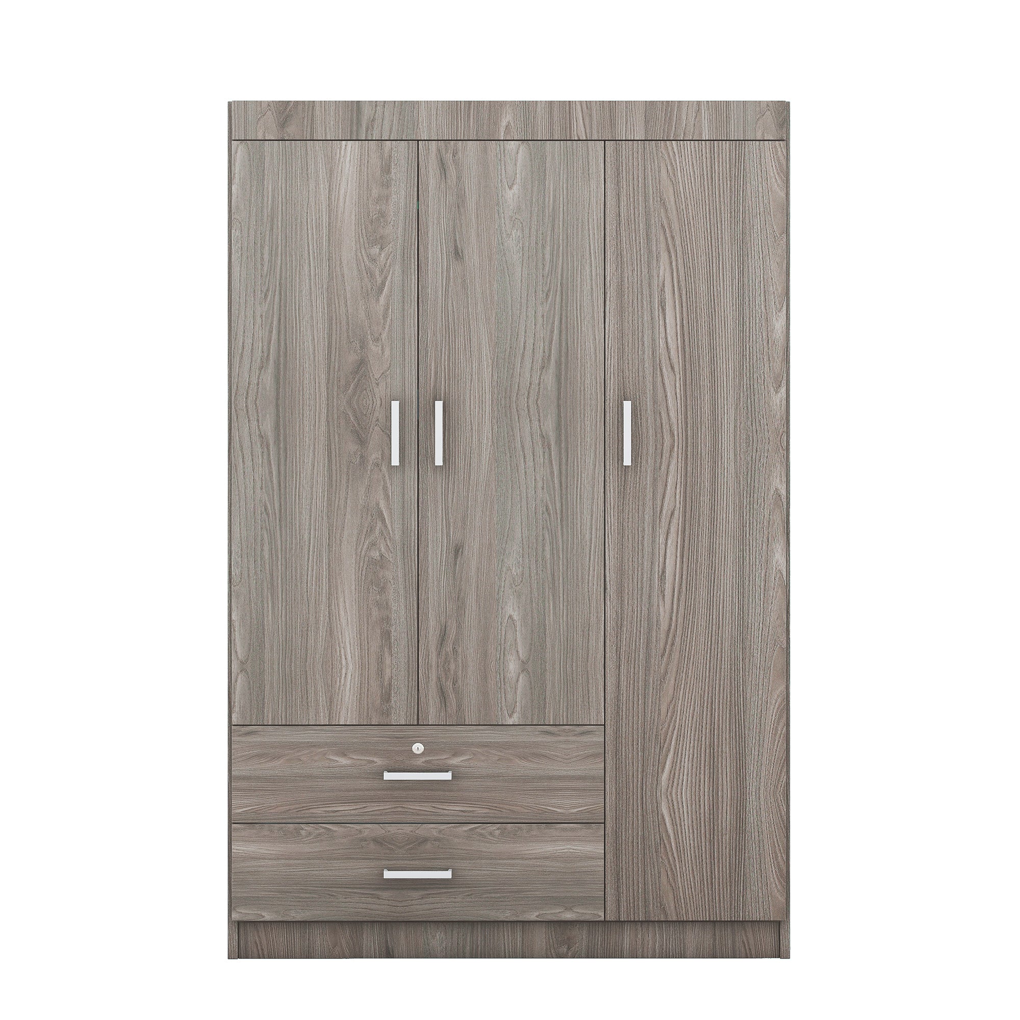 3-Door Wardrobe with 2 Drawers – Gray Wood Grain Effect, MDF Bedroom Storage