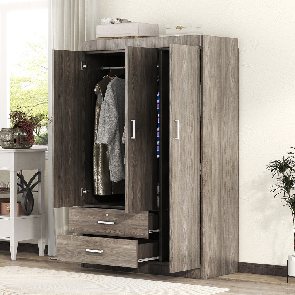 3-Door Wardrobe with 2 Drawers – Gray Wood Grain Effect, MDF Bedroom Storage