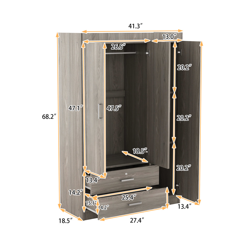 3-Door Wardrobe with 2 Drawers – Gray Wood Grain Effect, MDF Bedroom Storage