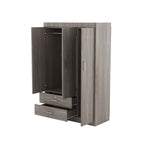 3-Door Wardrobe with 2 Drawers – Gray Wood Grain Effect, MDF Bedroom Storage