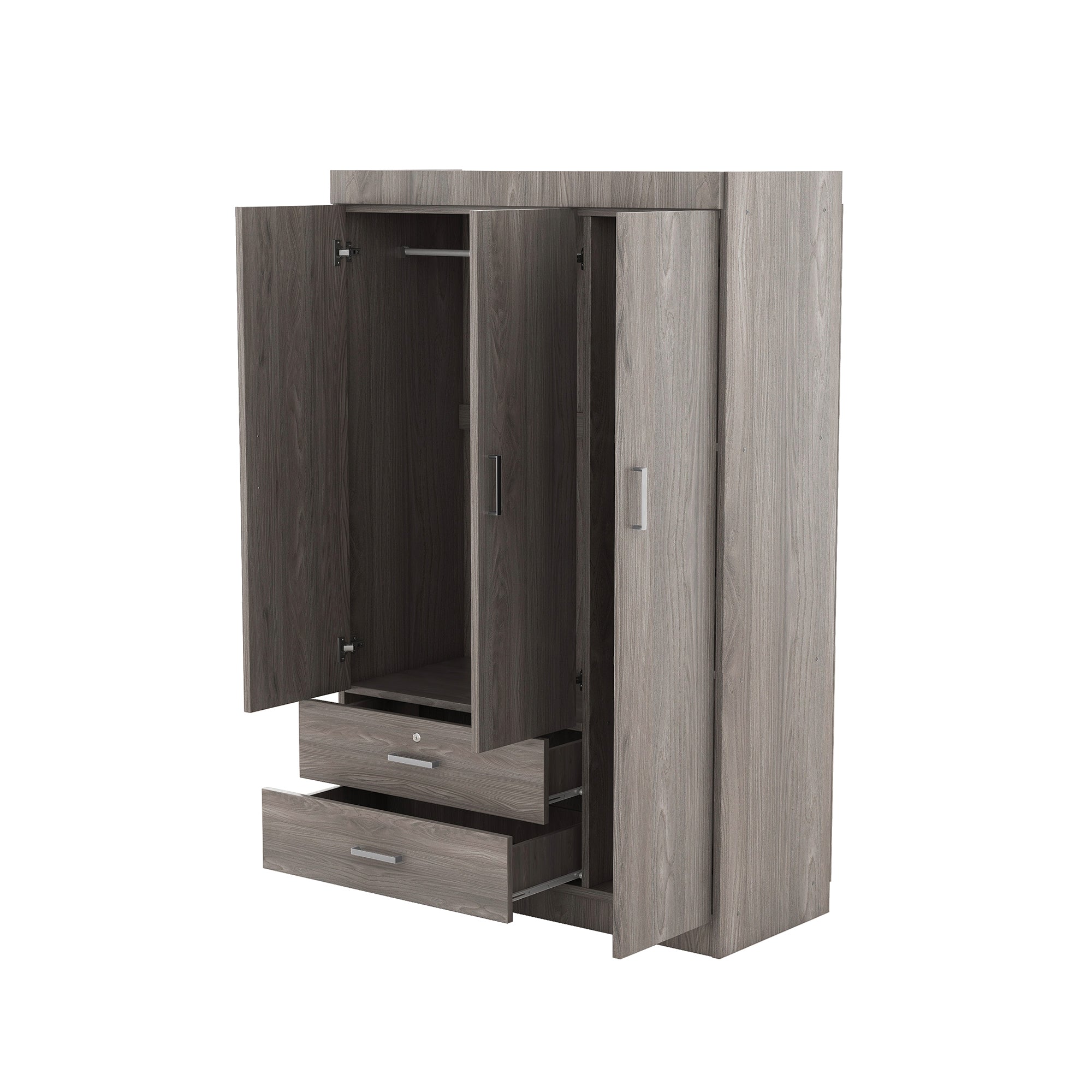 3-Door Wardrobe with 2 Drawers – Gray Wood Grain Effect, MDF Bedroom Storage