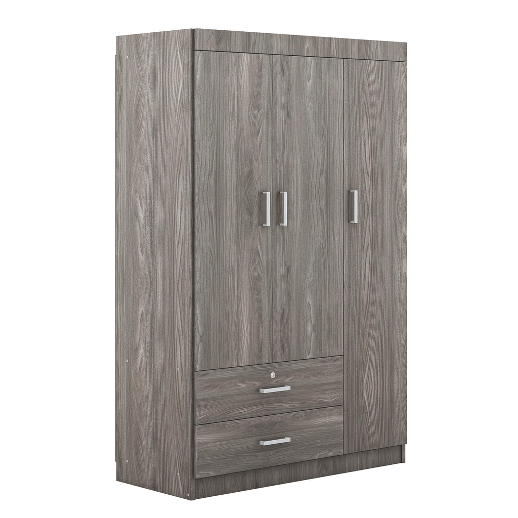 3-Door Wardrobe with 2 Drawers – Gray Wood Grain Effect, MDF Bedroom Storage