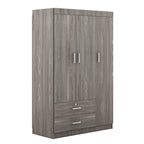 3-Door Wardrobe with 2 Drawers – Gray Wood Grain Effect, MDF Bedroom Storage