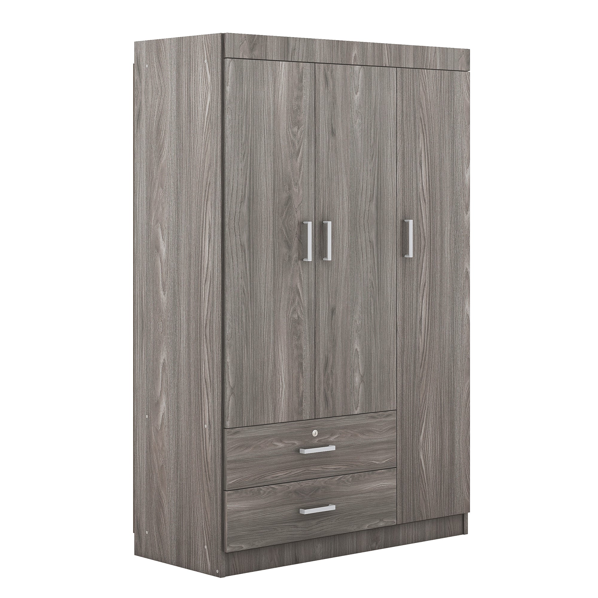 3-Door Wardrobe with 2 Drawers – Gray Wood Grain Effect, MDF Bedroom Storage