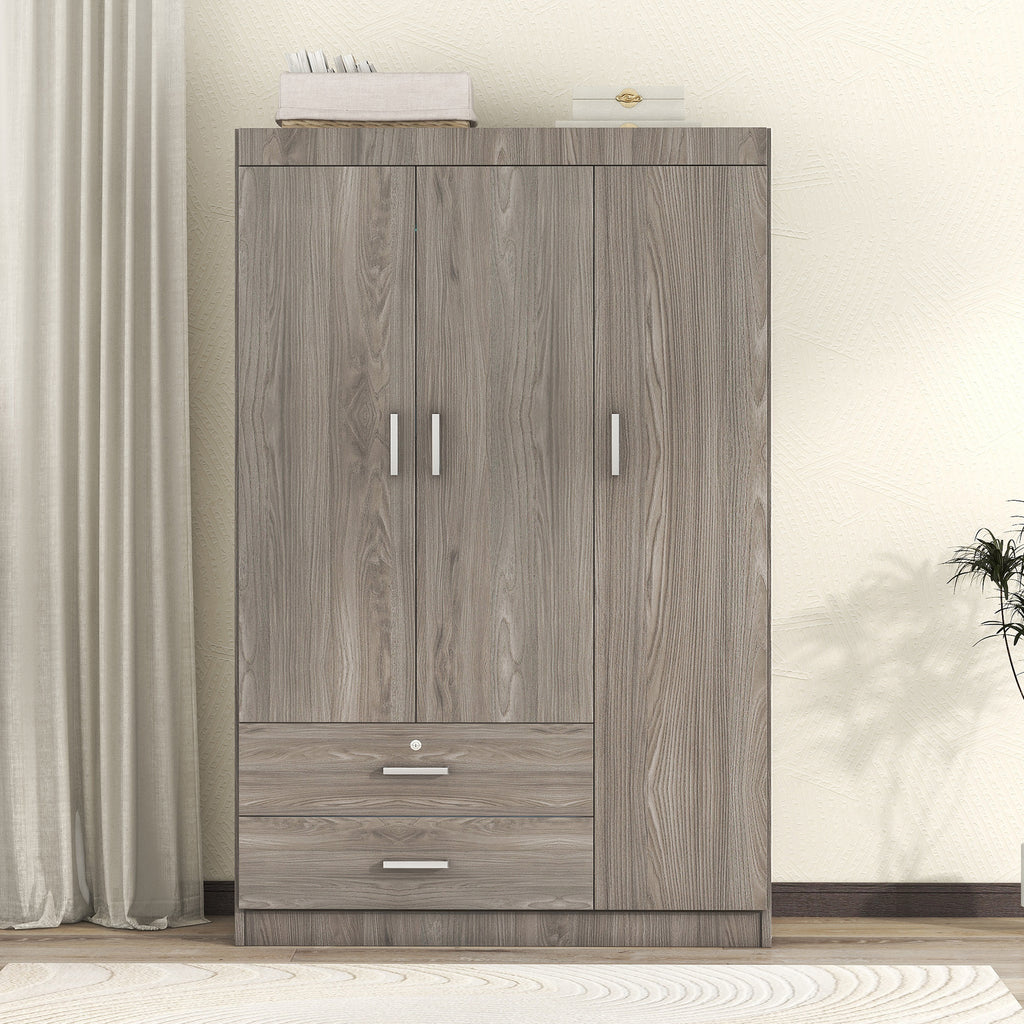 3-Door Wardrobe with 2 Drawers – Gray Wood Grain Effect, MDF Bedroom Storage