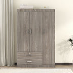 3-Door Wardrobe with 2 Drawers – Gray Wood Grain Effect, MDF Bedroom Storage