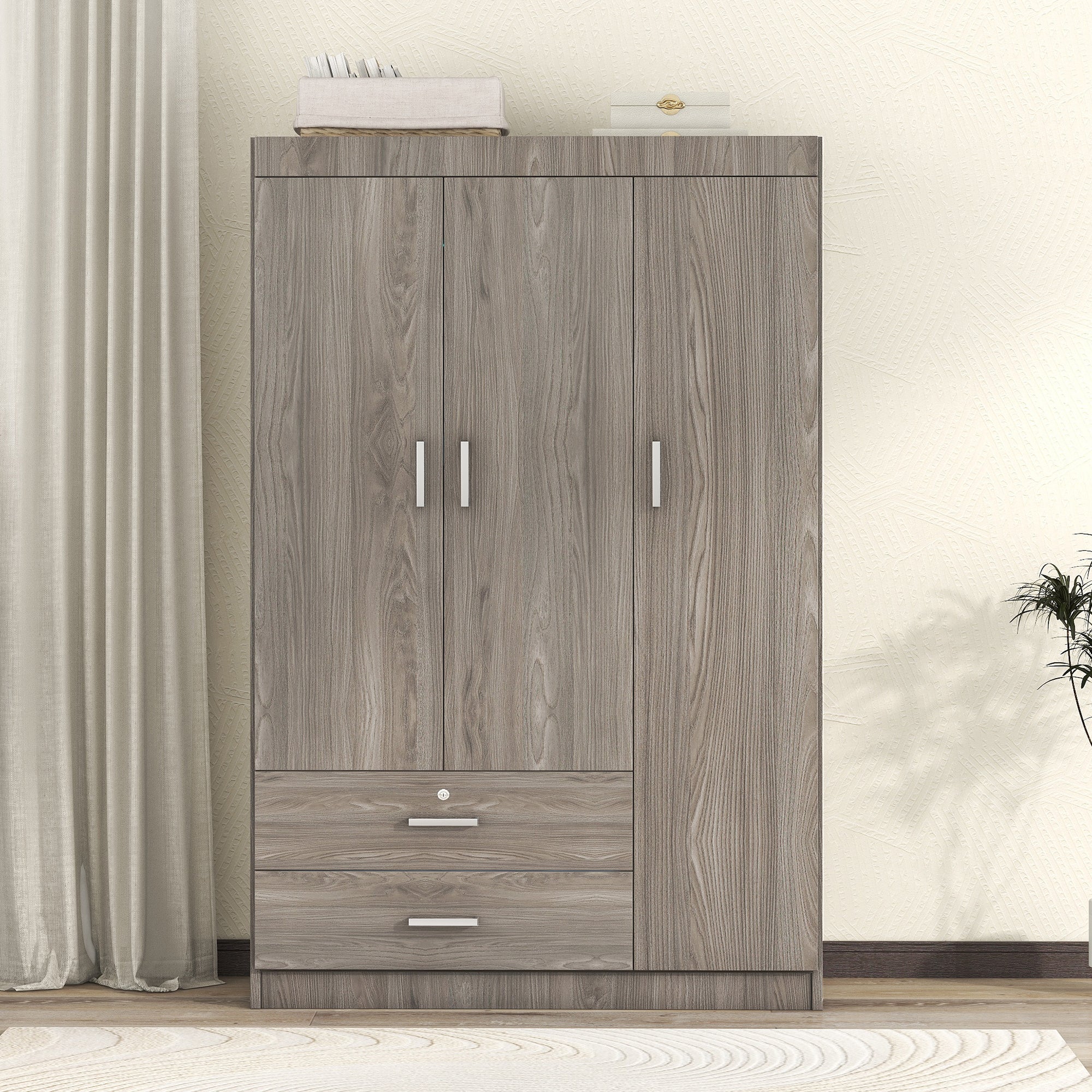 3-Door Wardrobe with 2 Drawers – Gray Wood Grain Effect, MDF Bedroom Storage