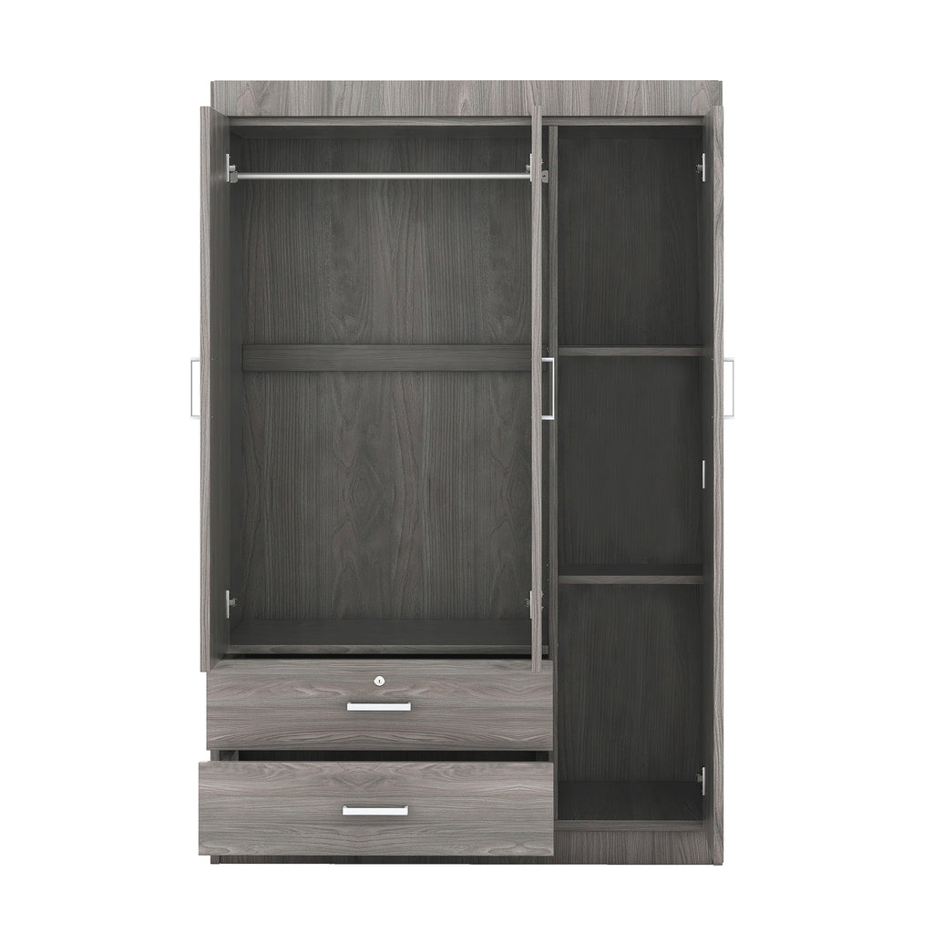 3-Door Wardrobe with 2 Drawers – Gray Wood Grain Effect, MDF Bedroom Storage