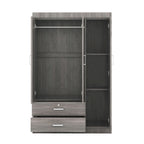 3-Door Wardrobe with 2 Drawers – Gray Wood Grain Effect, MDF Bedroom Storage