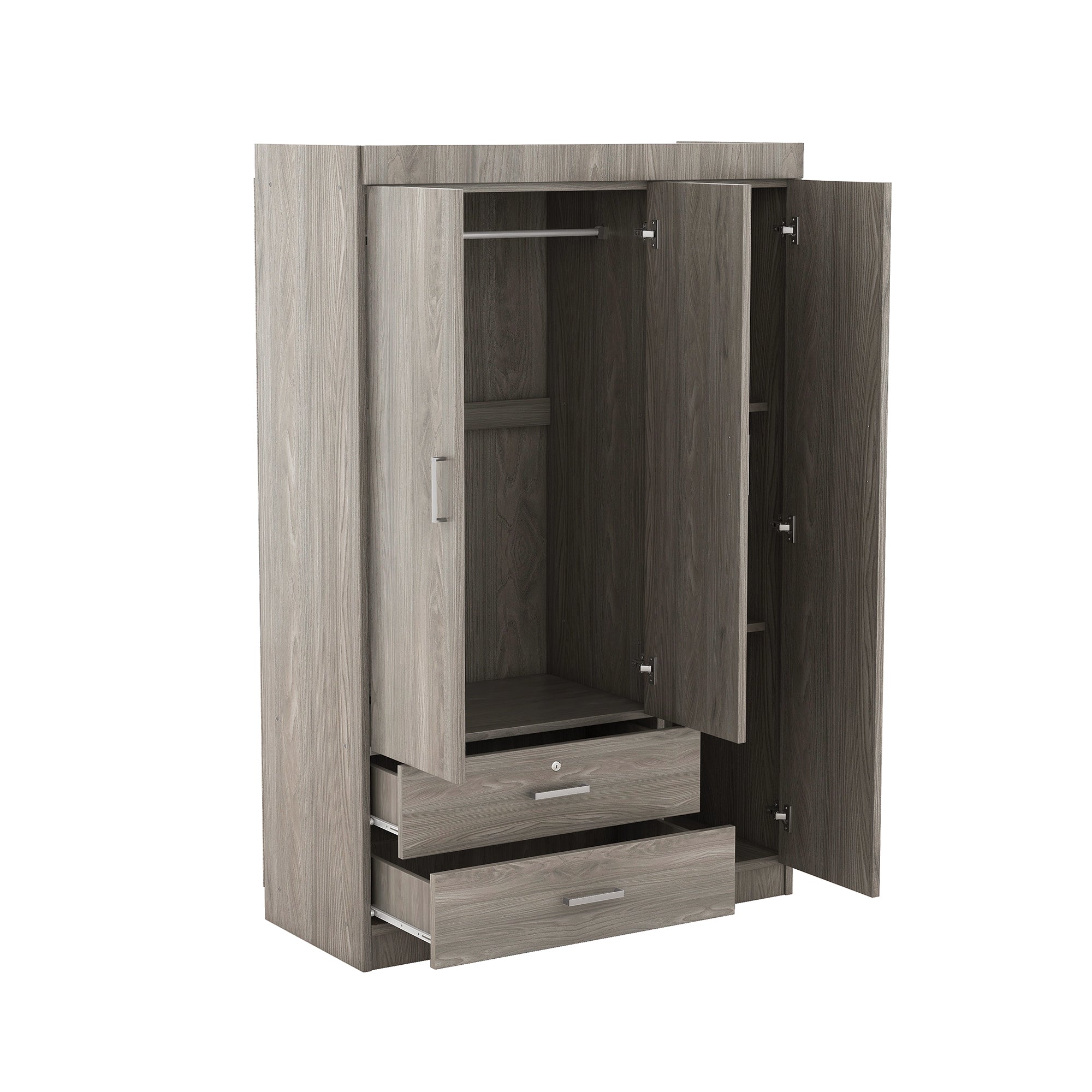 3-Door Wardrobe with 2 Drawers – Gray Wood Grain Effect, MDF Bedroom Storage